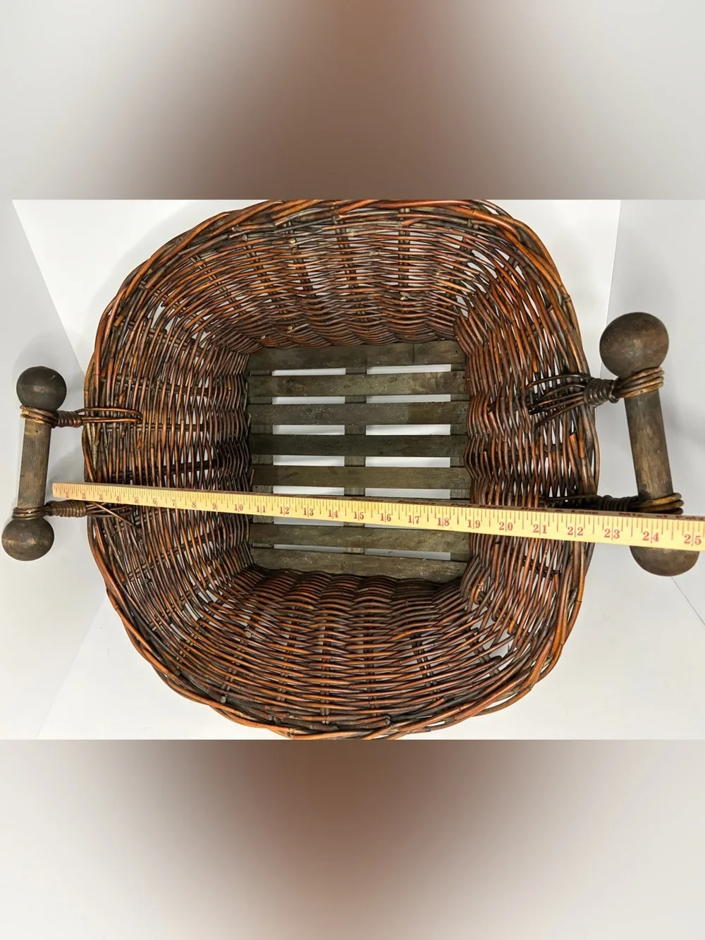 Large Wicker Willow Basket Turned Wood Handles Slat Bottom Rustic Farmhouse